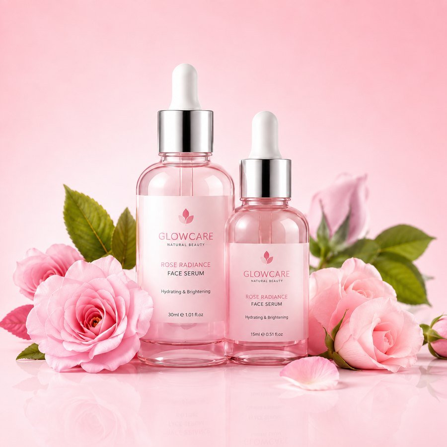 Skincare bottles arranged on a marble surface