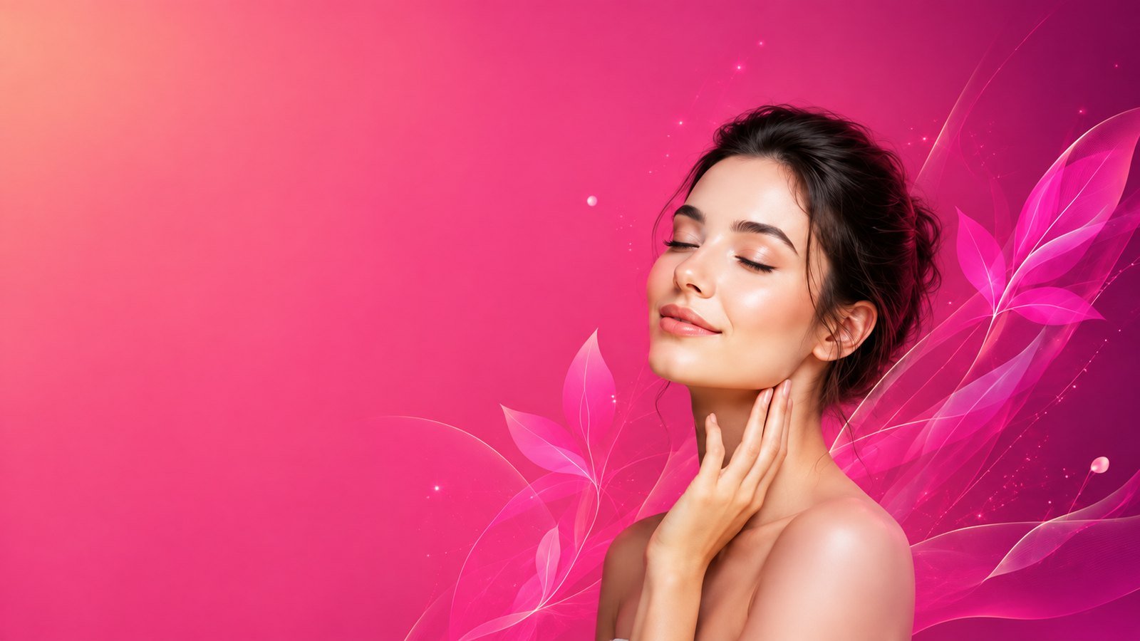 Woman with glowing skin surrounded by pink florals